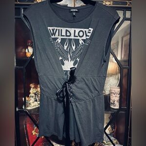 Express Black Sleeveless Top W/cross Cross Ribbon Tie WILD LOVE Graphic Print